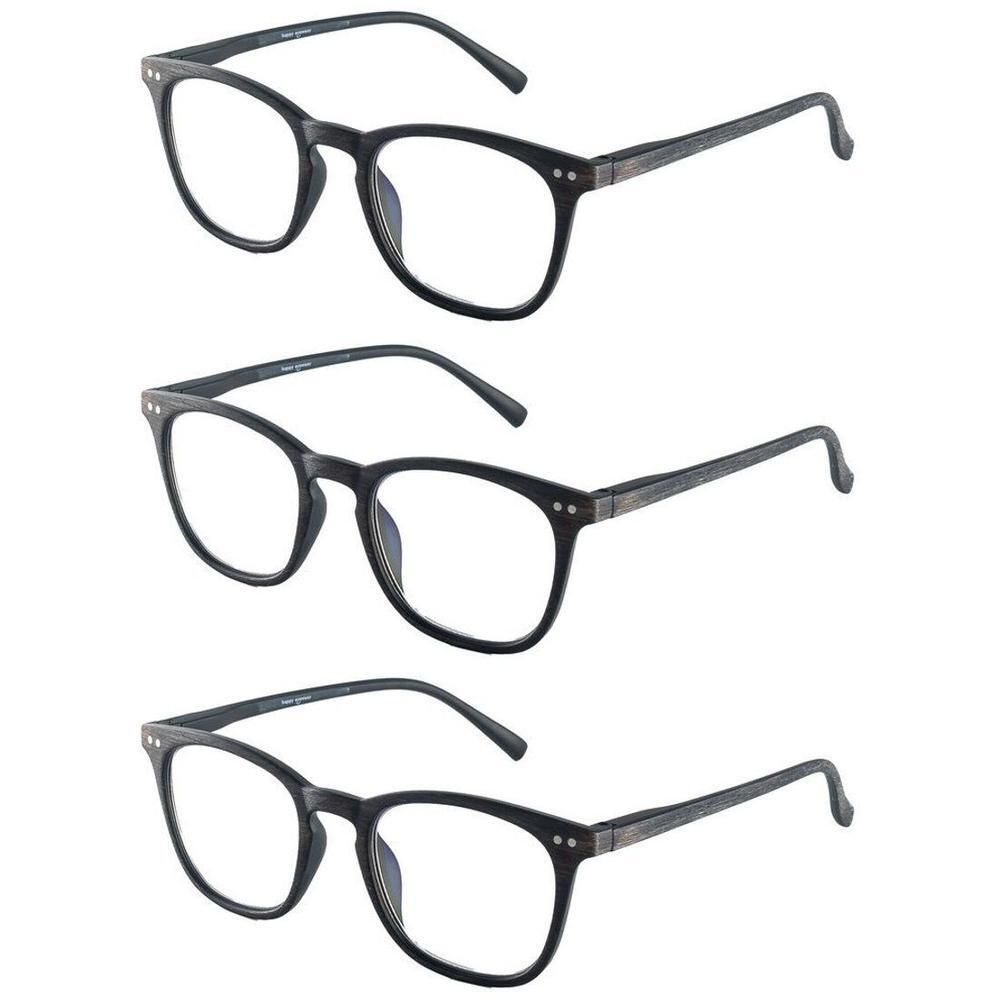 Trois paires de lunettes de lecture à monture foncée et verres rectangulaires.