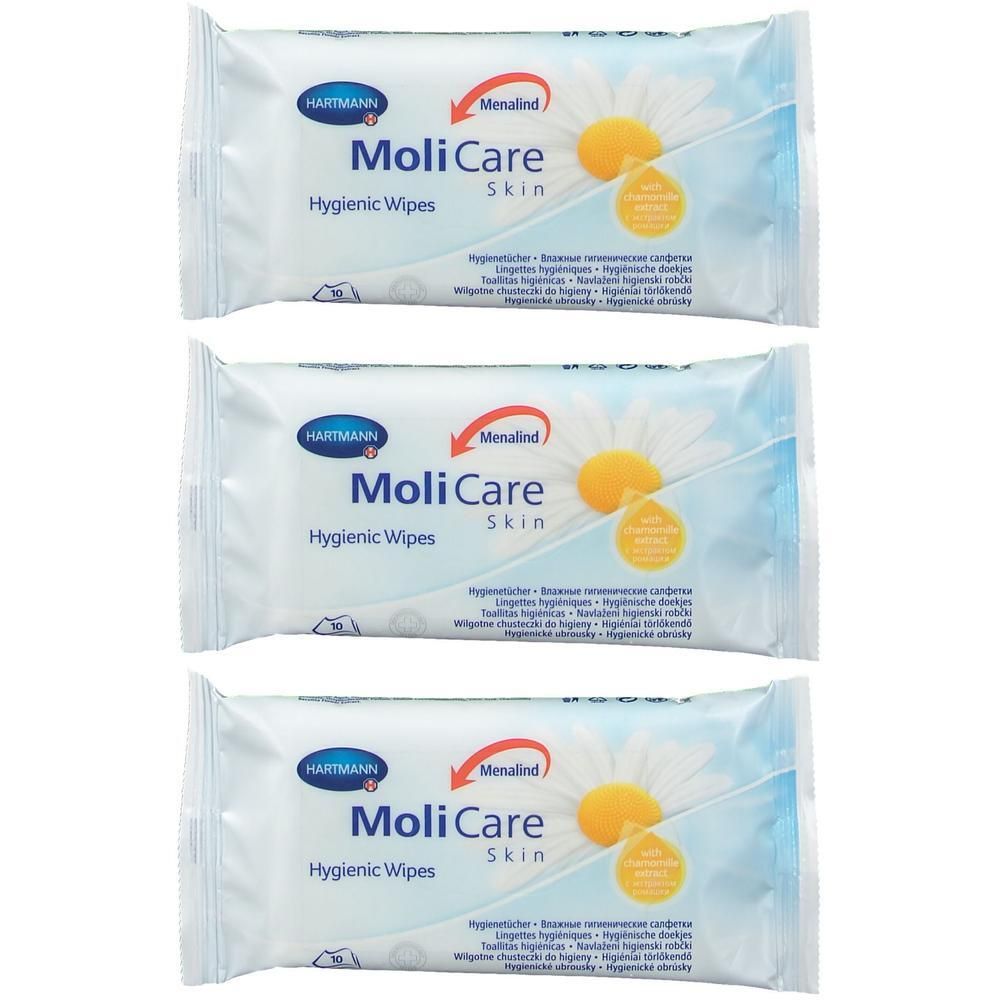 Drie pakken MoliCare Skin Hygienic Wipes met kamillemotief.