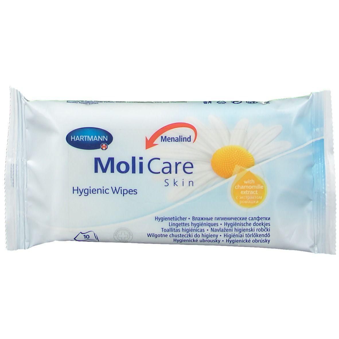 Pack de lingettes hygiéniques MoliCare Skin avec extrait de camomille.