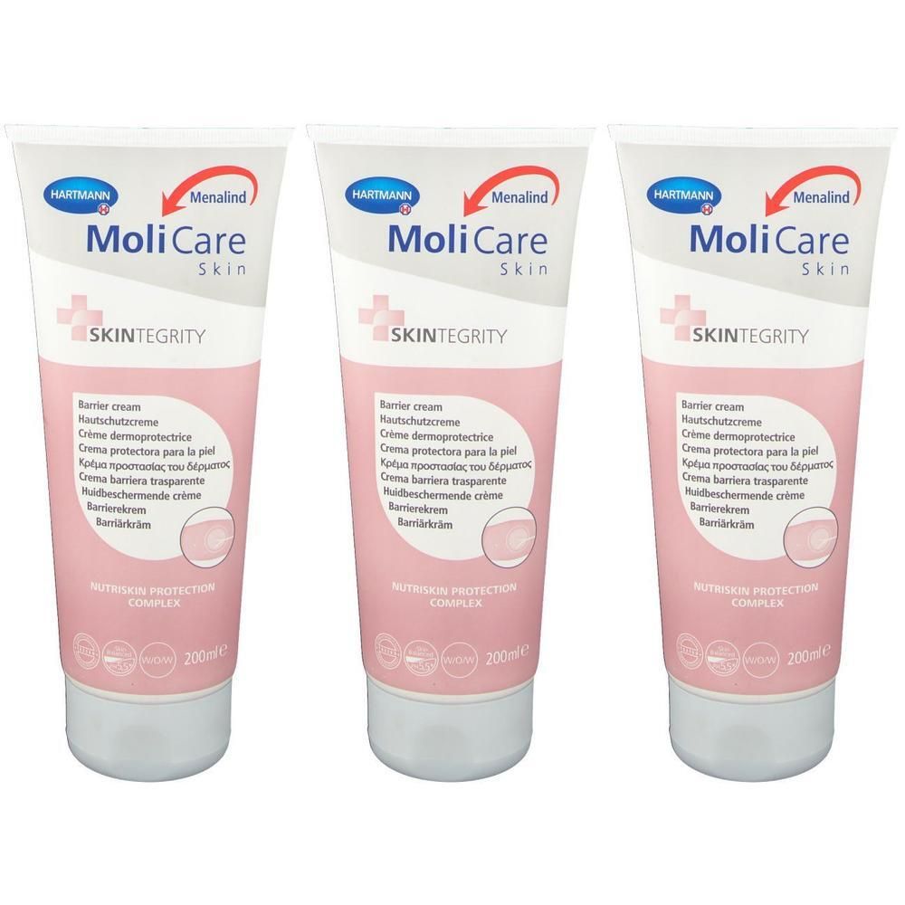 Trois tubes de crème barrière MoliCare Skin, chacun de 200ml.