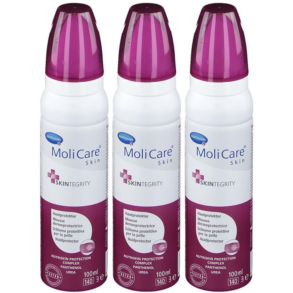 Drie flacons MoliCare Skin huidbeschermende mousse met paarse doppen. 100ml.