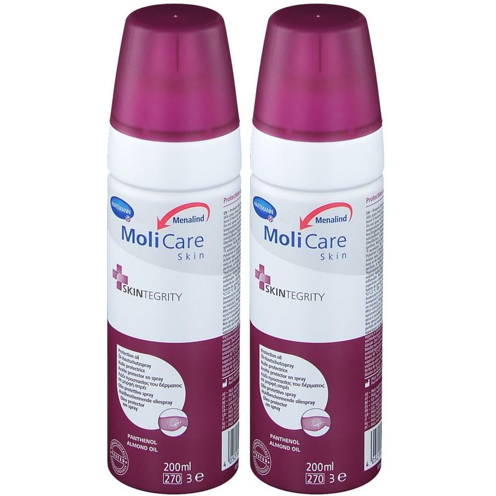 Deux flacons d'huile protectrice MoliCare Skin avec bouchons pulvérisateurs violets. Contient du panthénol et de l'huile d'amande.
