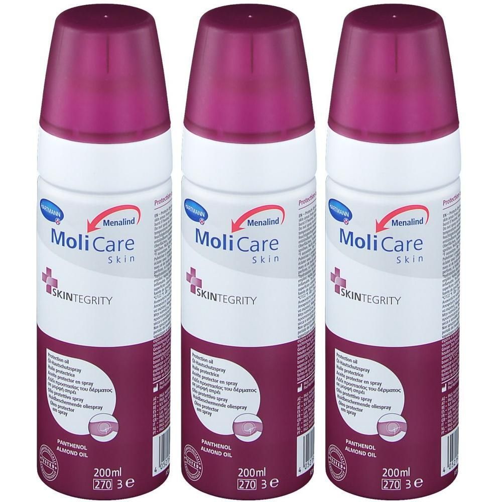 Drie MoliCare Skin beschermende oliesprays met paarse doppen en witte flacons.
