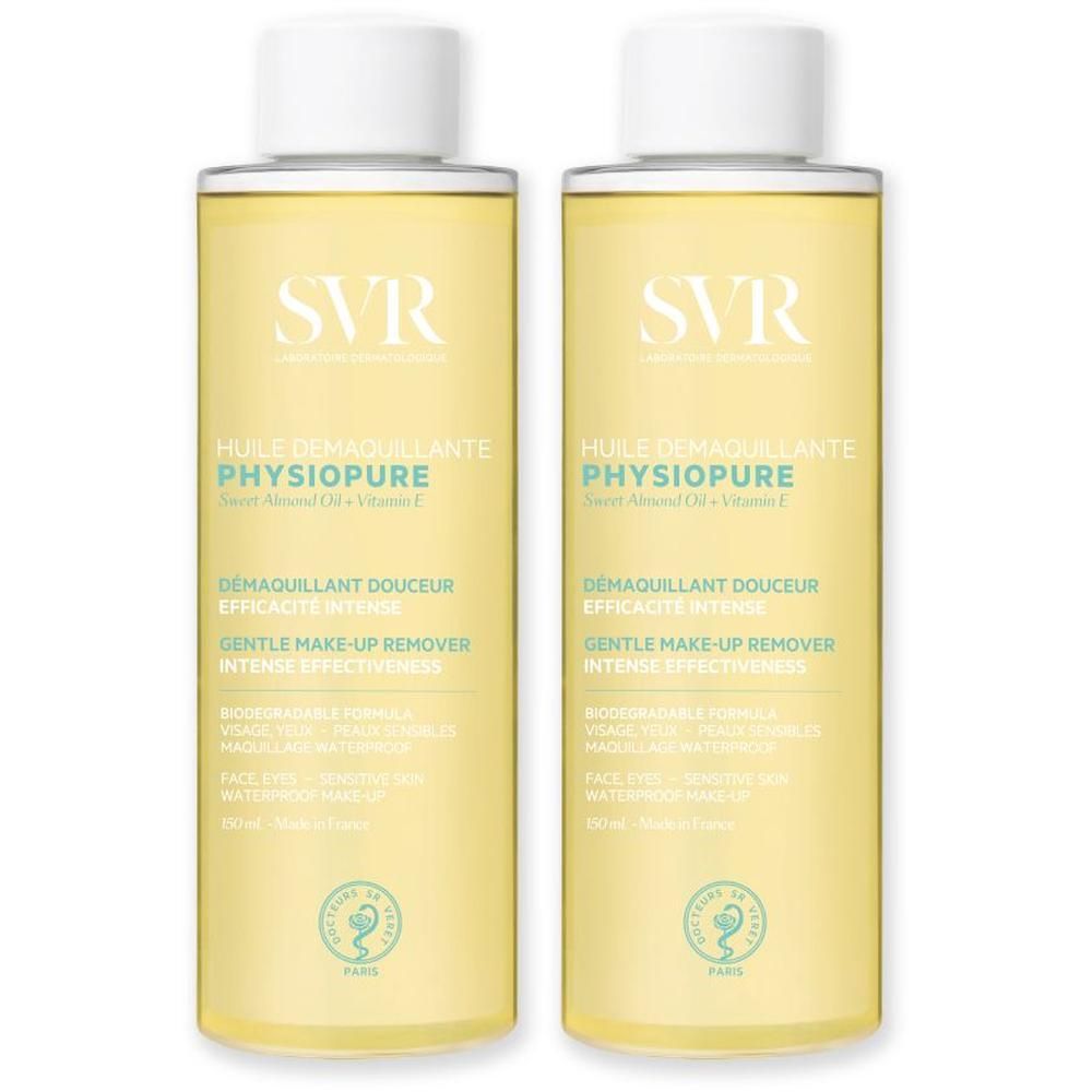 Twee flessen SVR Physiopure Make-up Remover Olie met witte dop.