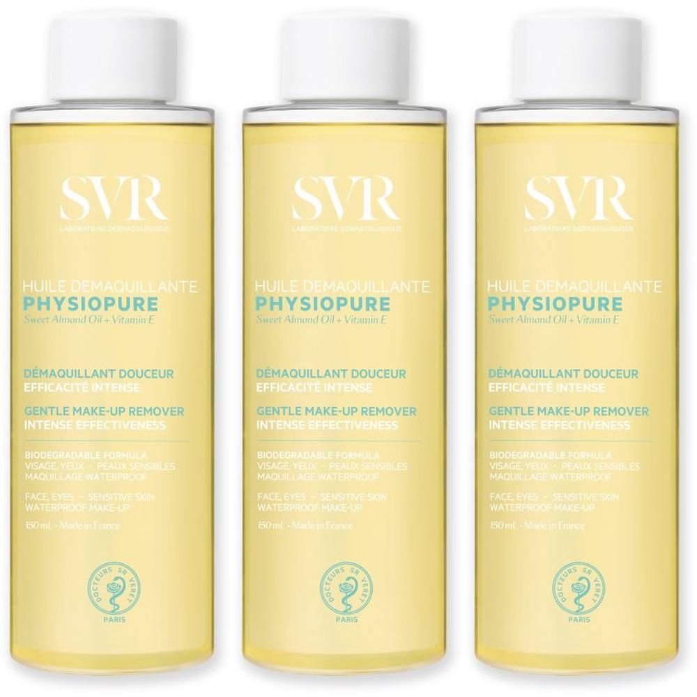 Trois flacons d'Huile Démaquillante SVR Physiopure, bouchon blanc, liquide jaune.