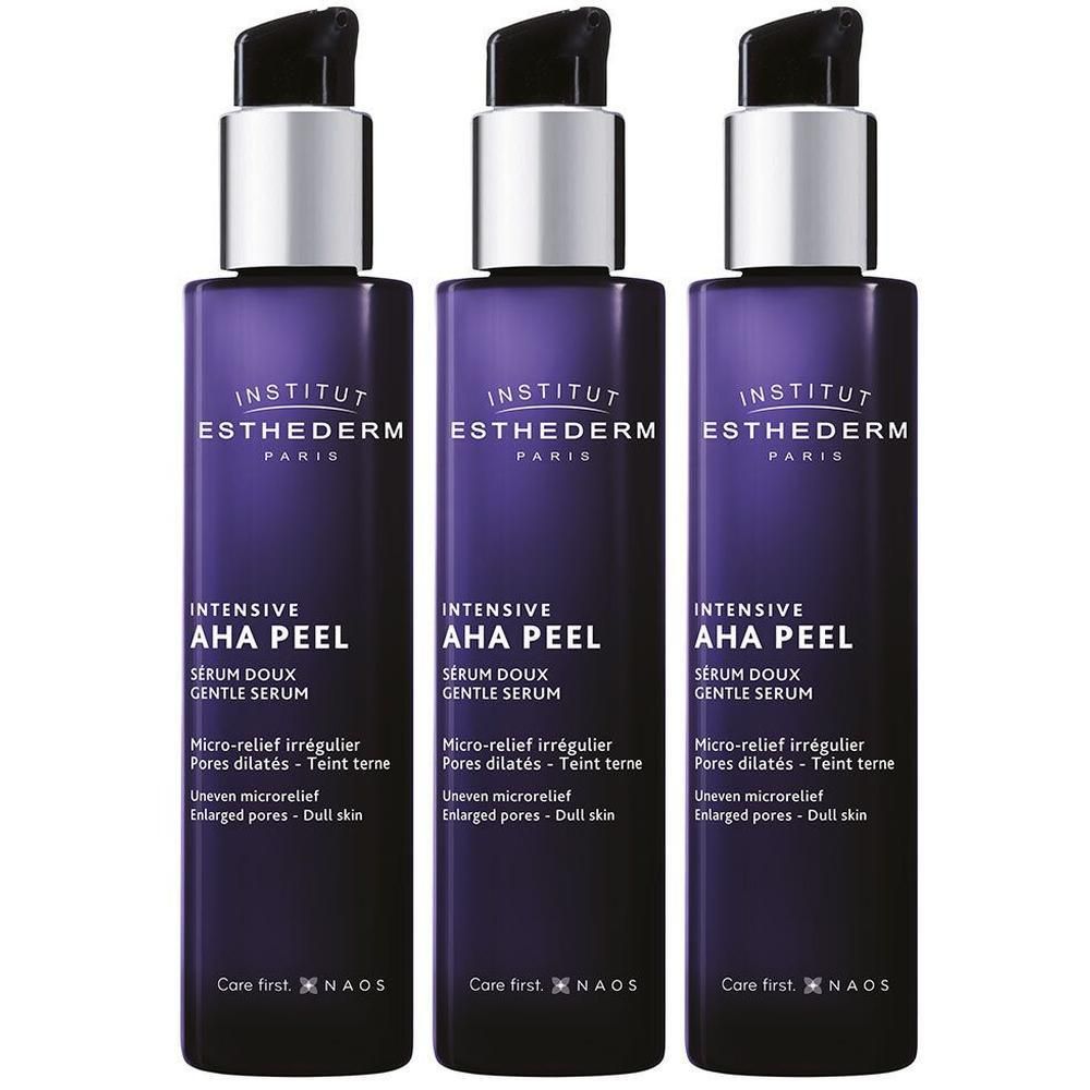 Trois flacons Institut Esthederm Intensive AHA Peel Sérum Doux avec pompes.