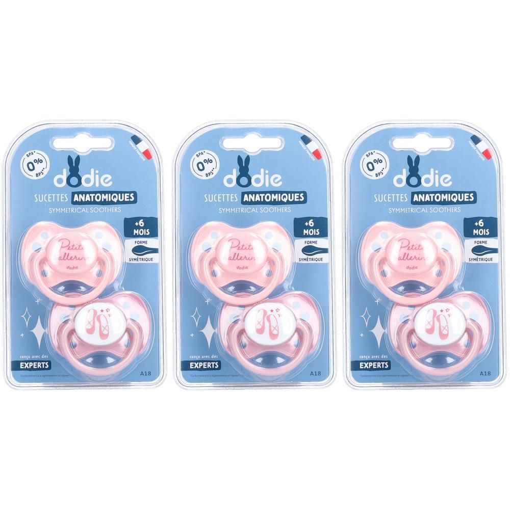 Trois paquets de deux sucettes anatomiques roses Dodie pour bébés de 6 mois et plus, motif ballerine.