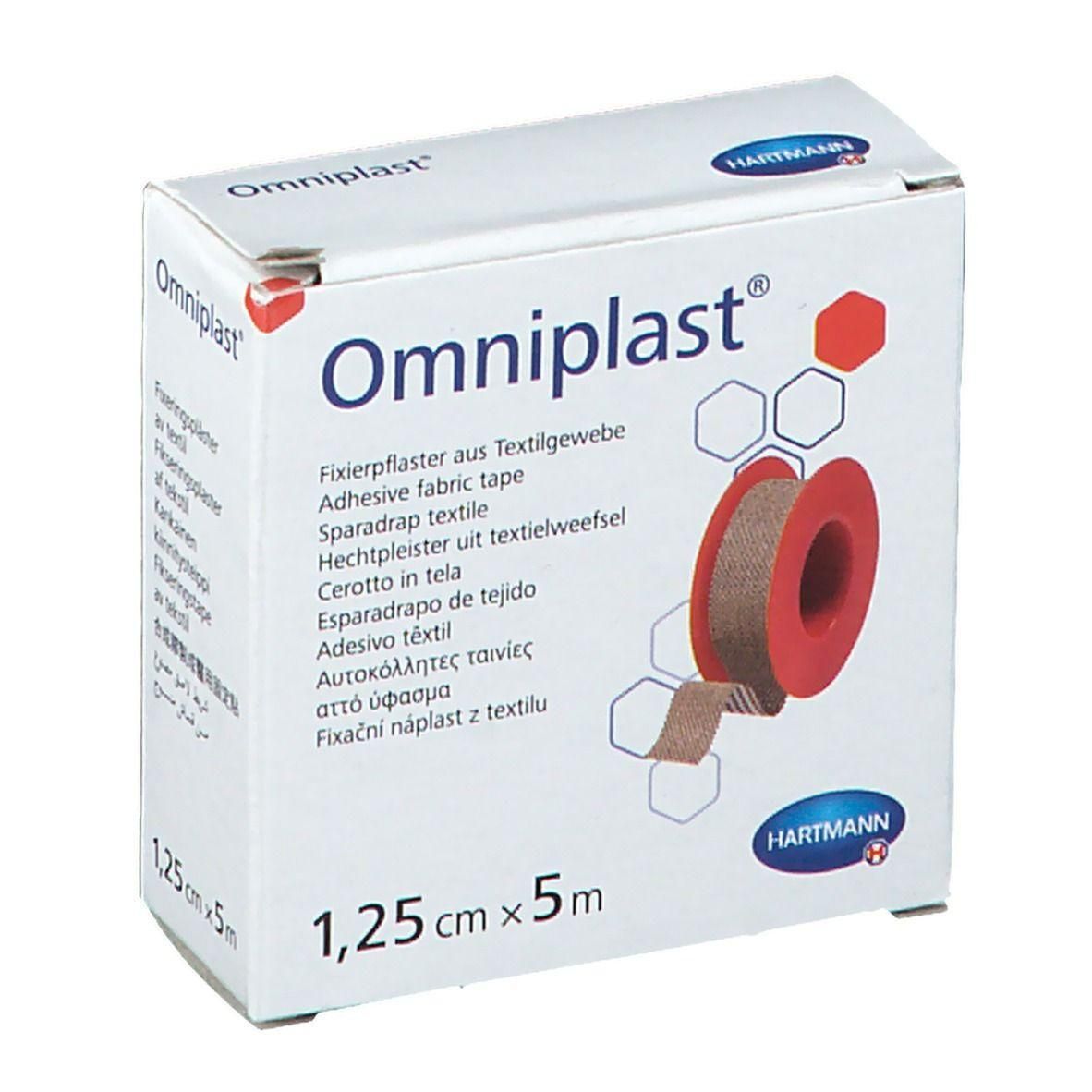 Omniplast hechtpleister uit textielweefsel, 1,25 cm x 5 m, op een rol.