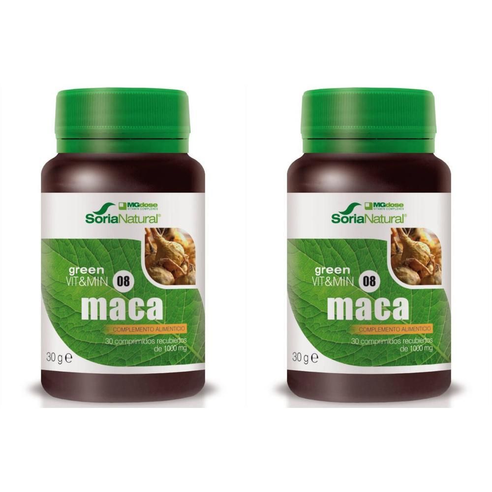 Twee flessen Soria Natural Maca Vitaminen & Mineralen 08 Complex, groene dop, bruine potjes, 30g.
