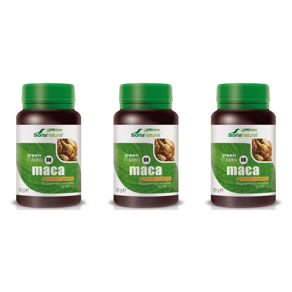 Drie flessen Soria Natural Maca Vitaminen & Mineralen 08 Complex met groene doppen en etiketten met maca-wortel.