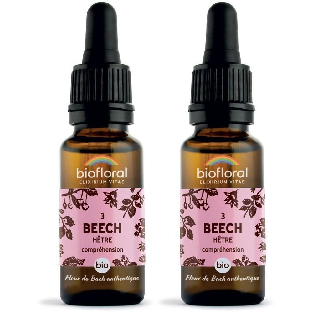 Twee glazen flesjes met druppelaar, gevuld met BIOFLORAL 03 Beuk essence.