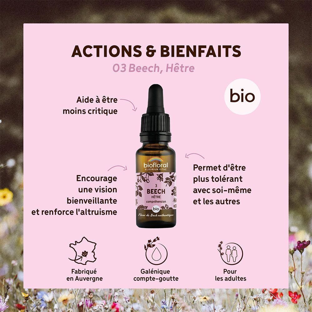 Flacon d'élixir BIOFLORAL 03 Hêtre avec informations sur les actions et bienfaits.