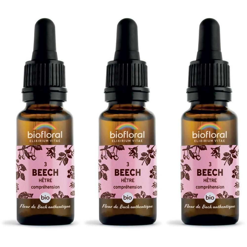 Drie glazen flesjes met druppelaar, bruin, met roze etiket en beukenmotief.