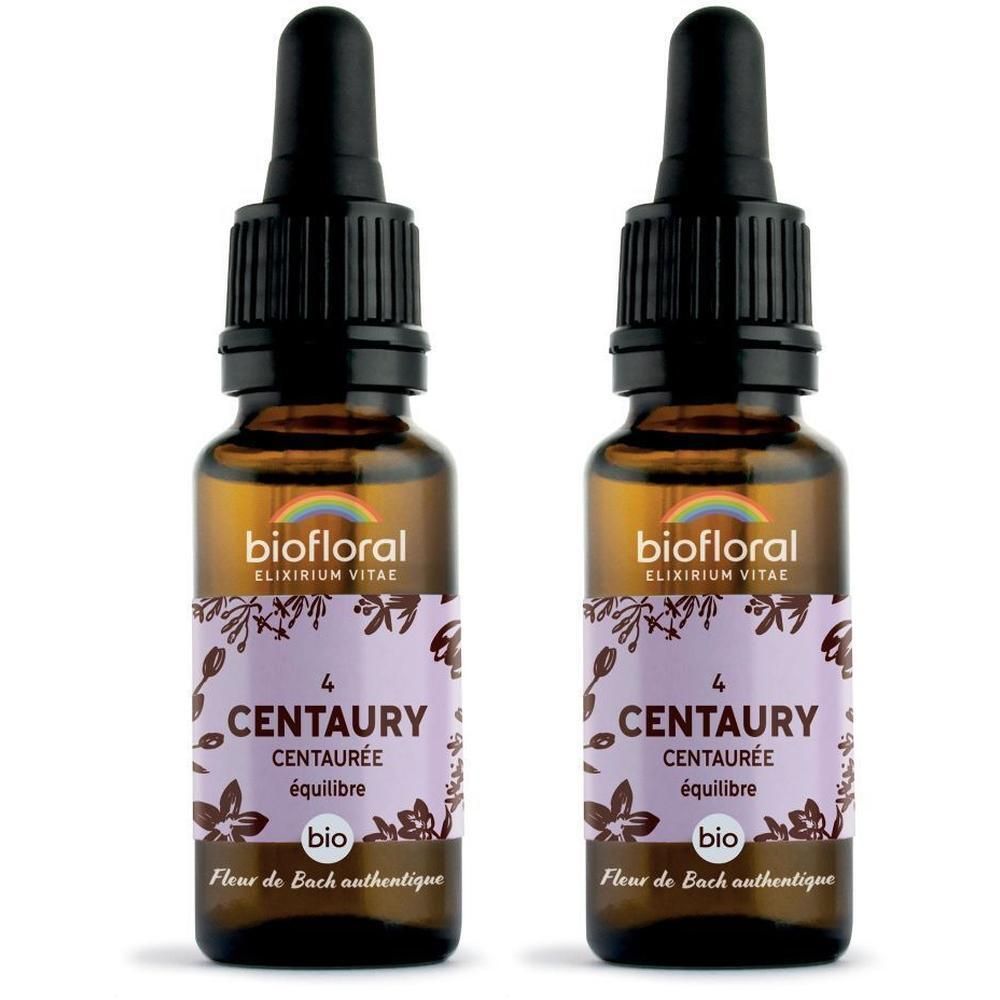Twee BIOFLORAL Centaury druppelflaconnetjes met pipetdop.