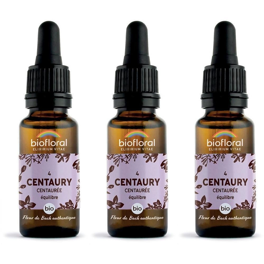 Trois flacons compte-gouttes bruns avec des étiquettes indiquant BIOFLORAL CENTAURY.