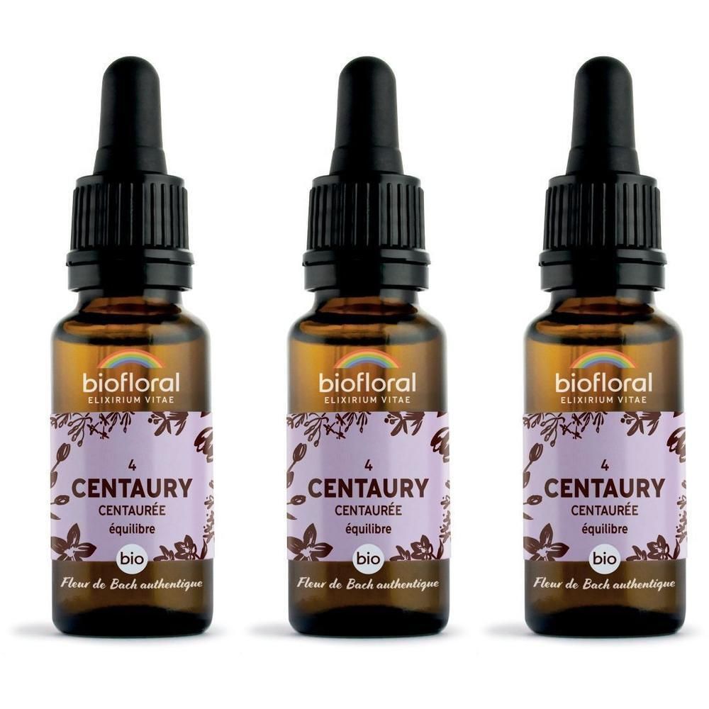 Drie bruine druppelflesjes met etiketten waarop BIOFLORAL CENTAURY staat.