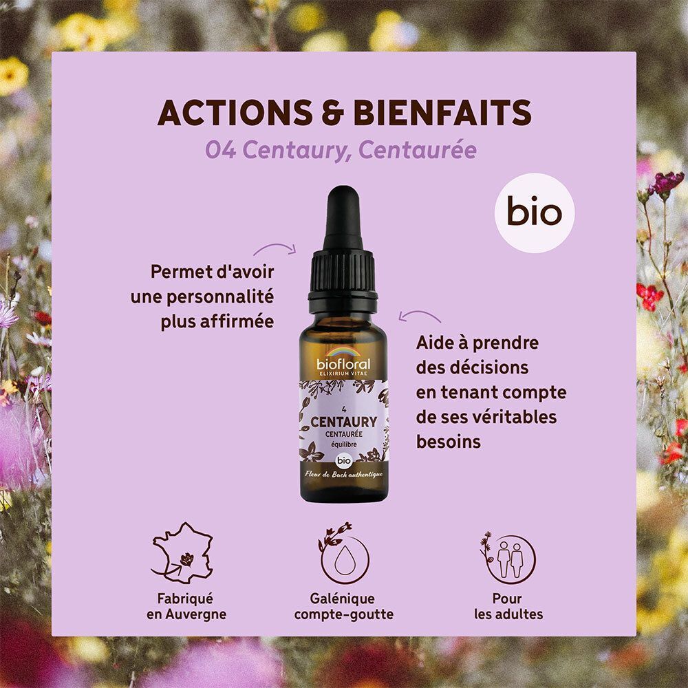 Flacon compte-gouttes BIOFLORAL Centaury avec explications sur les actions et bienfaits, label Bio.