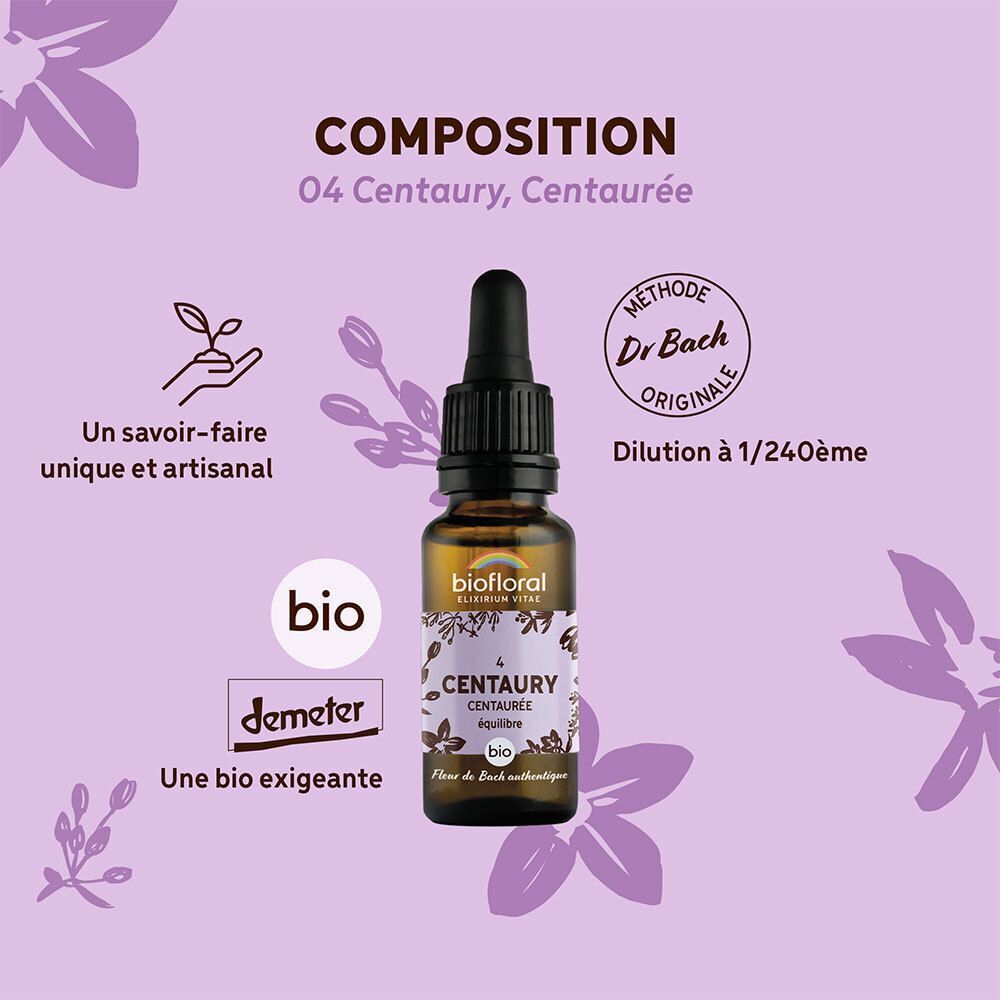 Flacon compte-gouttes BIOFLORAL Centaury avec explications sur la composition, label Bio, Demeter.