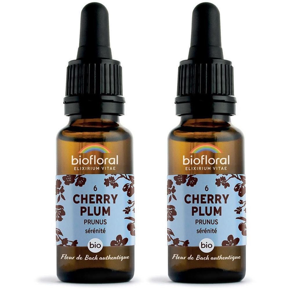 Deux flacons compte-gouttes Biofloral Cherry Plum avec bouchon pipette et étiquette.