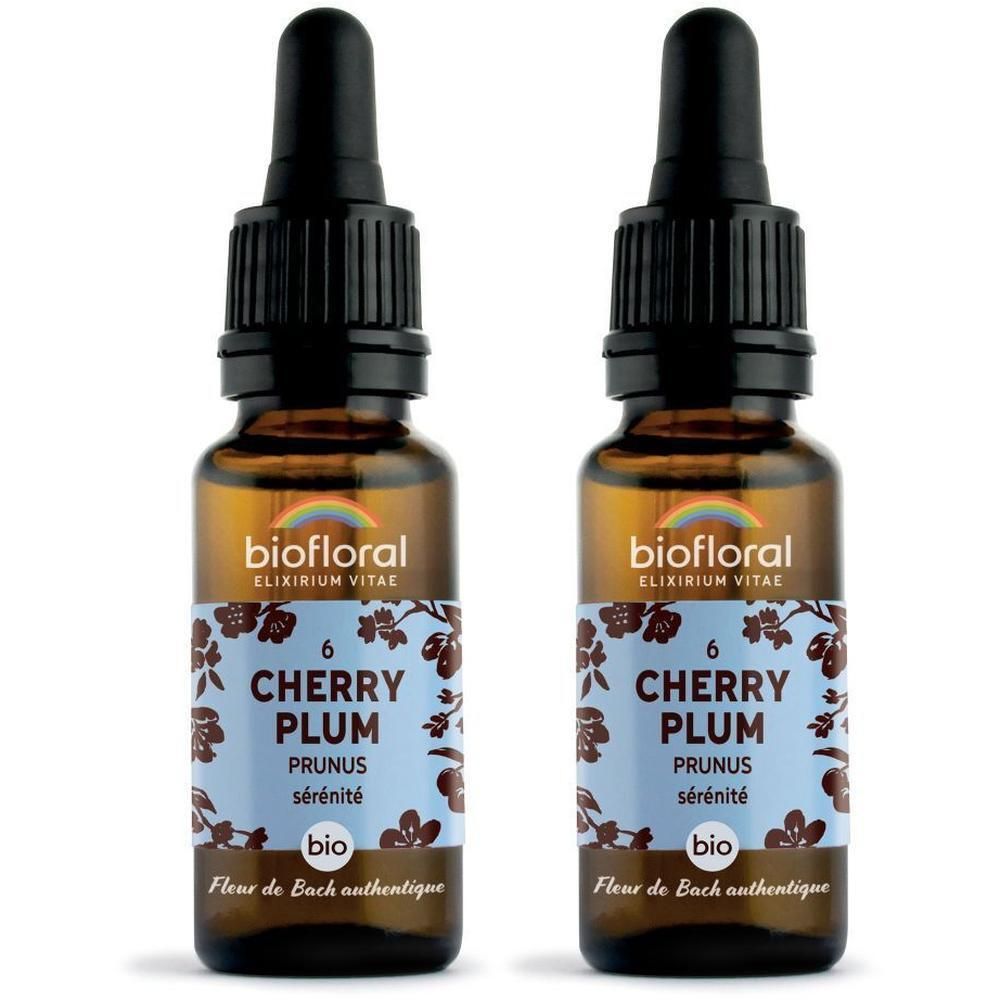 Twee Biofloral Cherry Plum druppelflesjes met druppeldop en etiket.