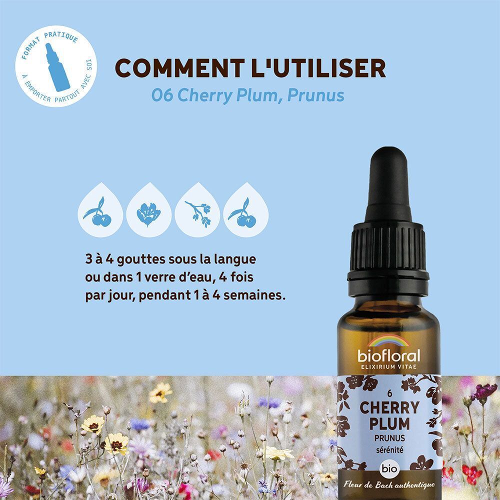 Flacon compte-gouttes Biofloral Cherry Plum avec pipette, entouré d'icônes et de texte sur l'utilisation.