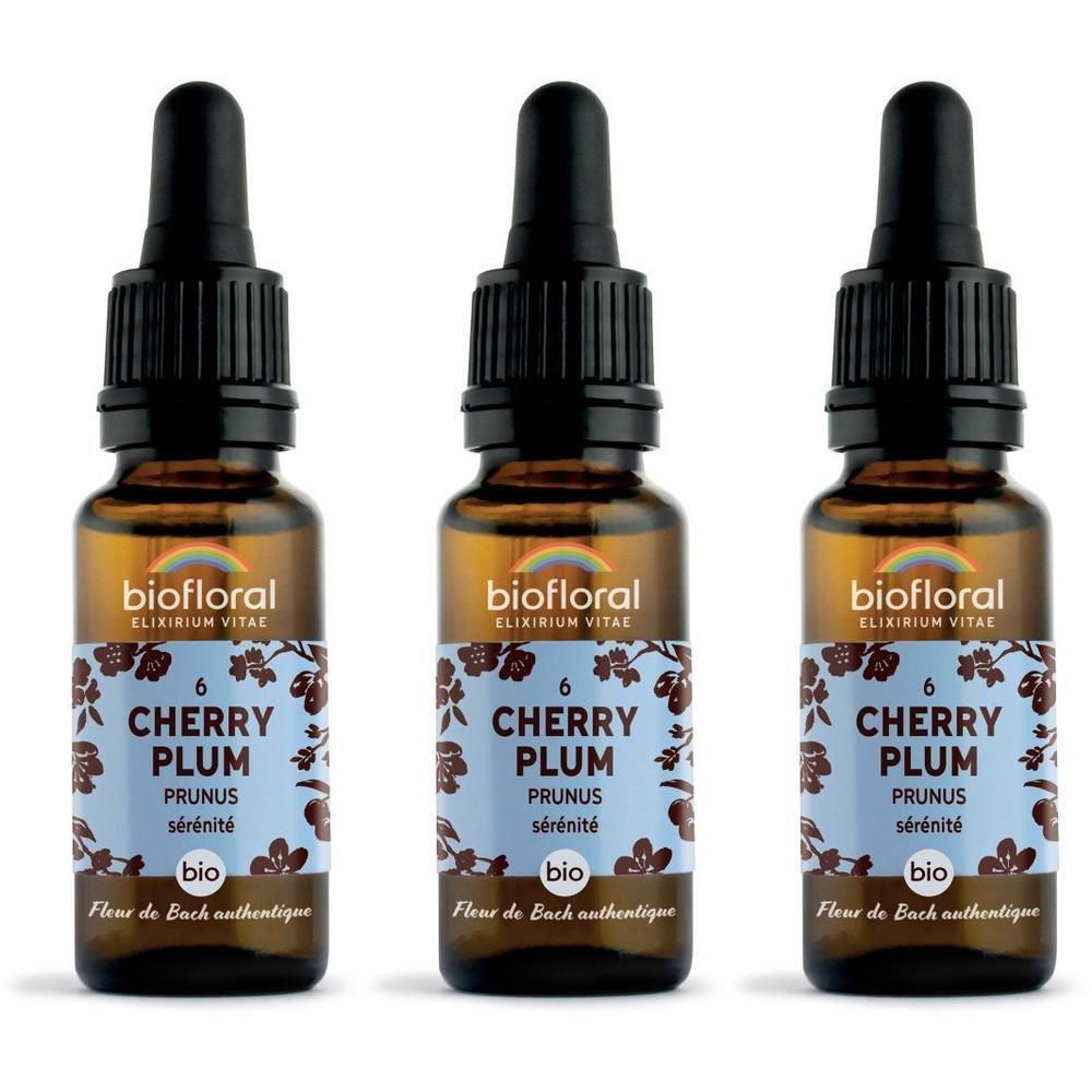 Drie bruine glazen flesjes met druppelaar, gevuld met BIOFLORAL Cherry Plum.