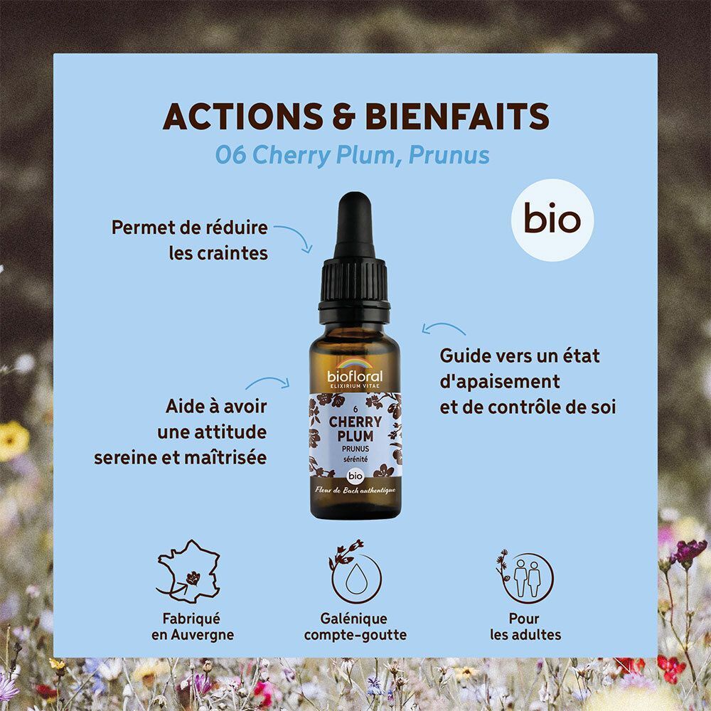 Flacon BIOFLORAL Cherry Plum avec pipette, entouré de texte sur les actions et bienfaits.