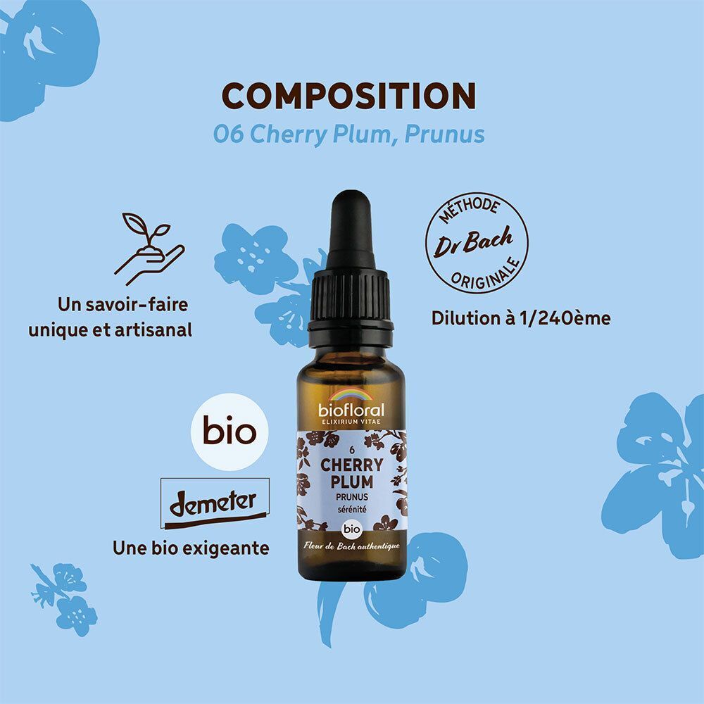 Flacon BIOFLORAL Cherry Plum avec pipette, avec texte sur la composition et labels bio.