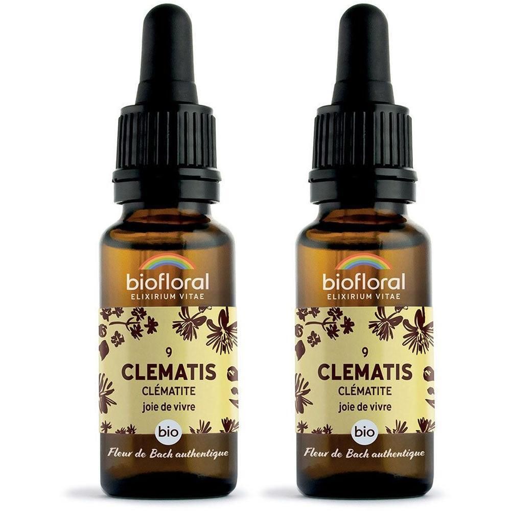Deux flacons de Clématite Biofloral avec compte-gouttes et étiquette.