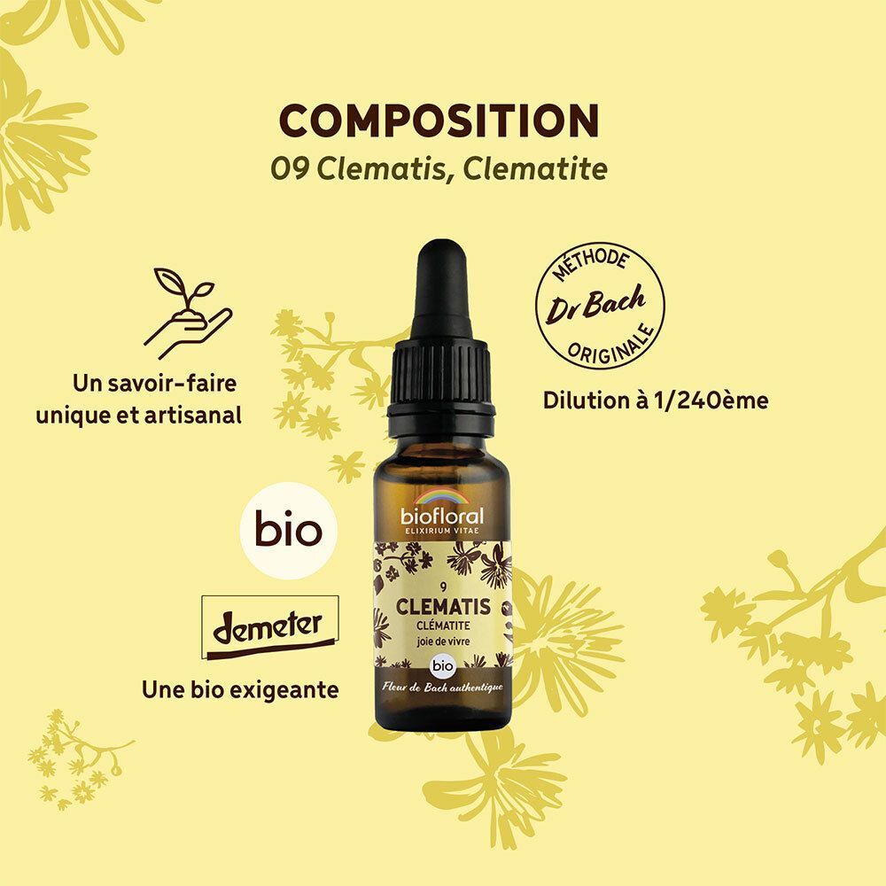 Flacon avec compte-gouttes, étiquette 'Biofloral Clematis', avec sceaux 'Bio' et 'Demeter'.