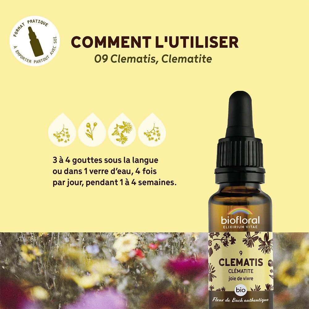 Flacon avec compte-gouttes, étiquette 'Biofloral Clematis', avec représentations de fleurs et de gouttes.
