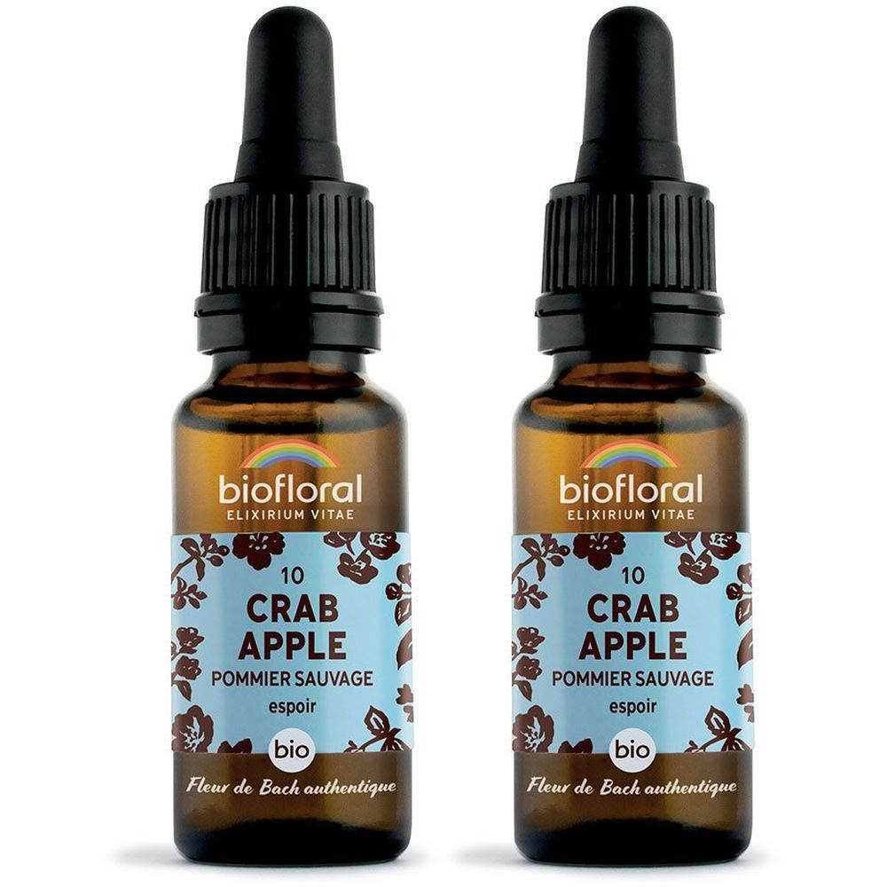 Deux flacons compte-gouttes Biofloral Crab Apple avec bouchon pipette.