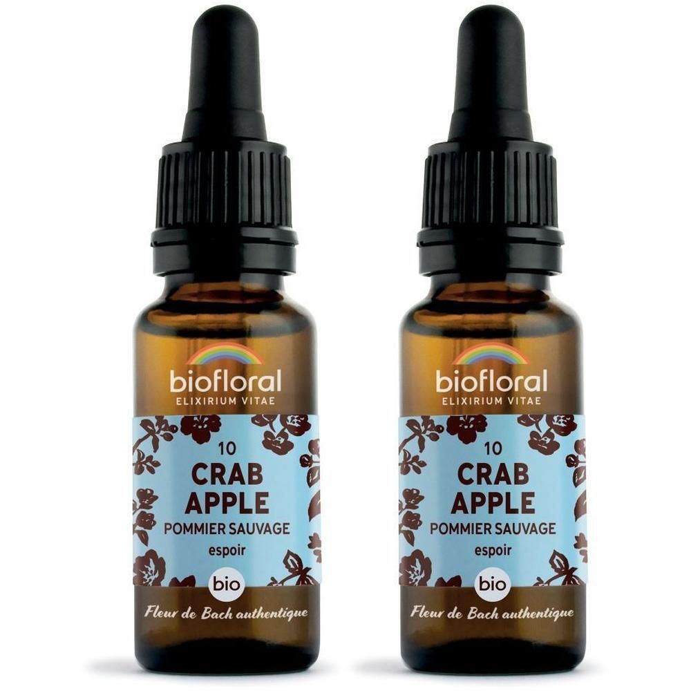 Twee Biofloral Crab Apple druppelflesjes met pipetdop.