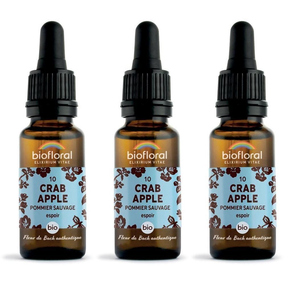 Drie bruine glazen flesjes met druppelaar, gevuld met BIOFLORAL 10 Crab Apple.