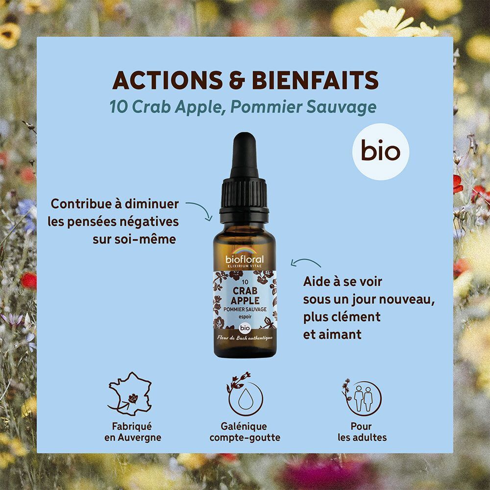 Flacon BIOFLORAL 10 Pommier sauvage avec explications sur les actions et bienfaits en français.