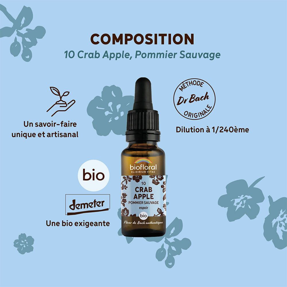 Flacon BIOFLORAL 10 Pommier sauvage avec explications sur la composition en français.