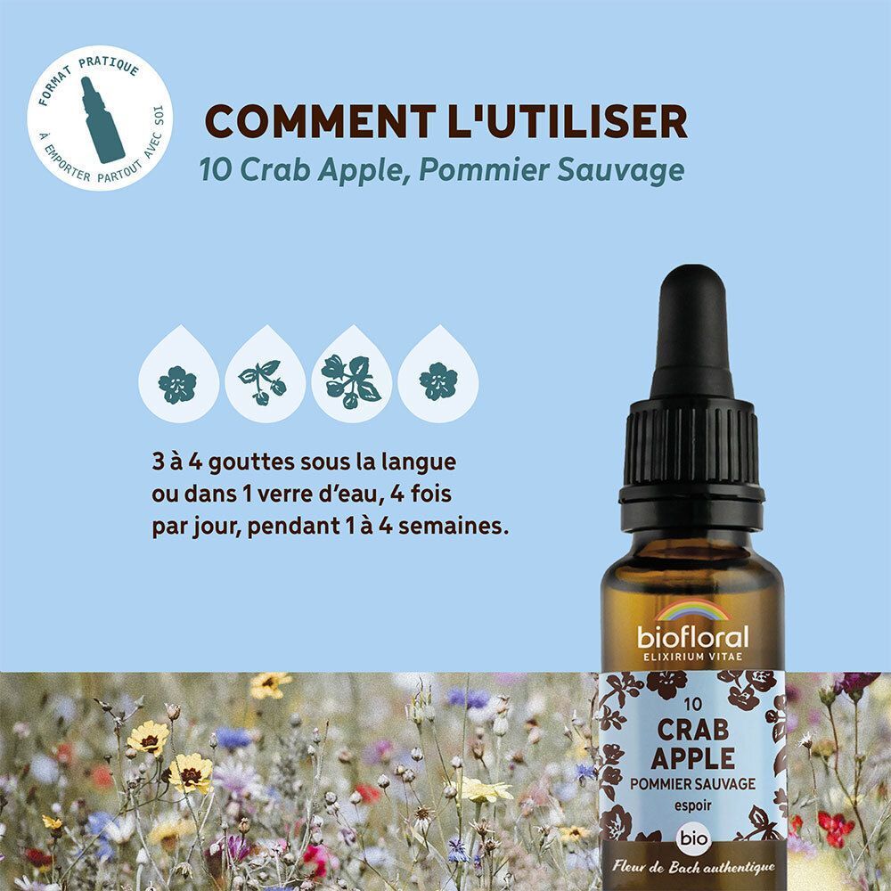 Flacon BIOFLORAL 10 Pommier sauvage avec instructions d'utilisation en français.