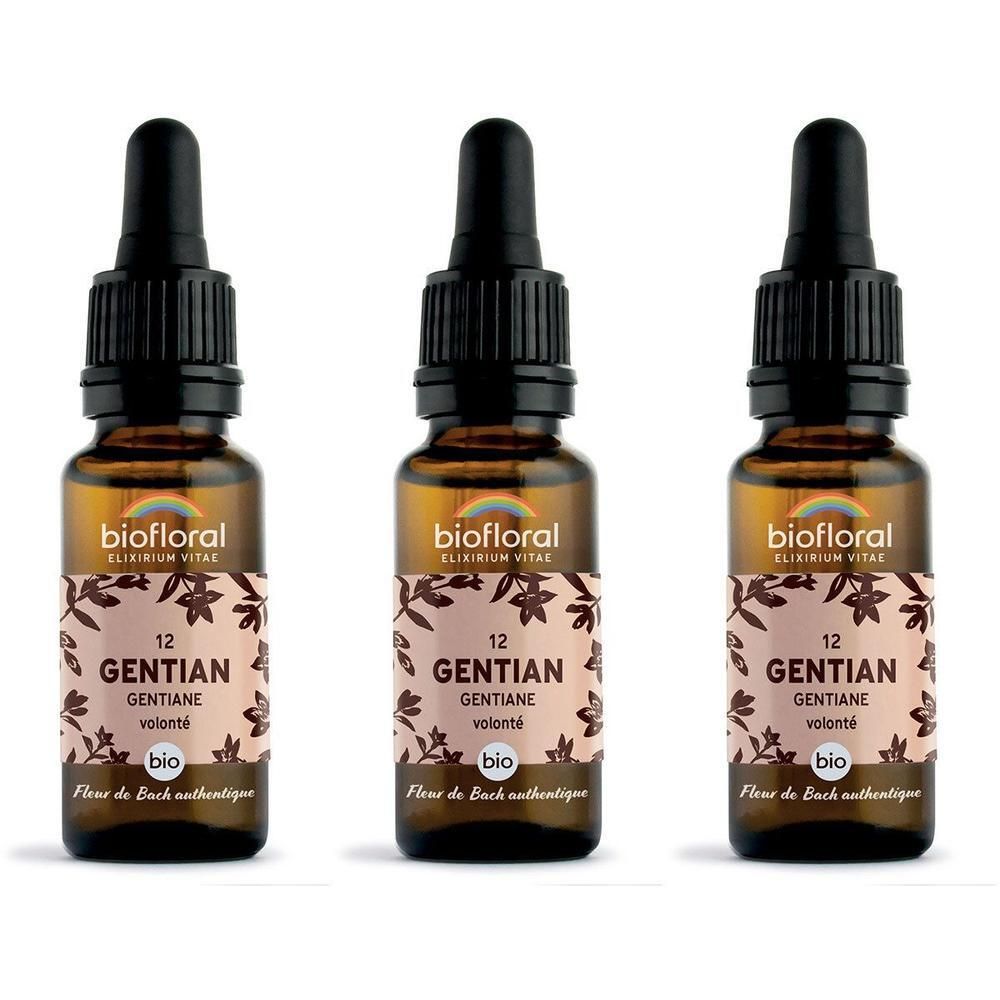 Trois flacons compte-gouttes de Gentiane, étiquettes à motif floral et label BIO.