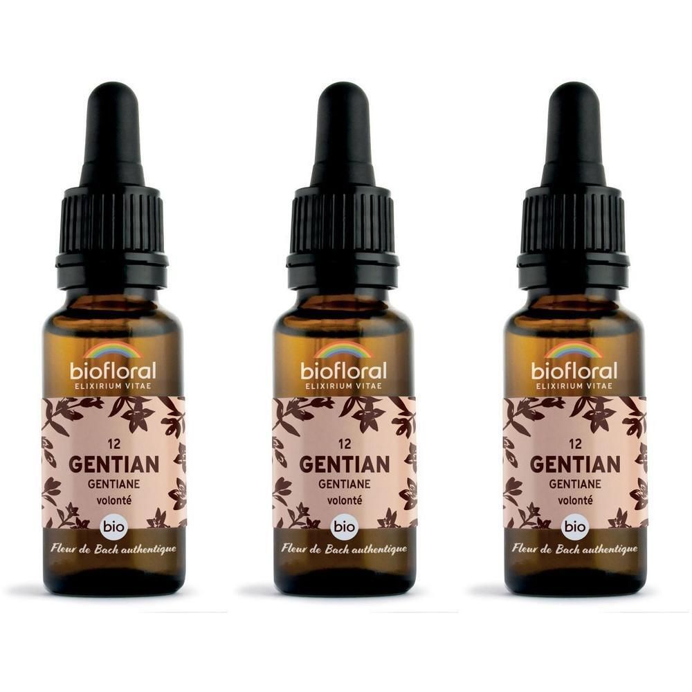 Drie druppelflesjes met Gentiaan, etiketten met bloempatroon en BIO-keurmerk.