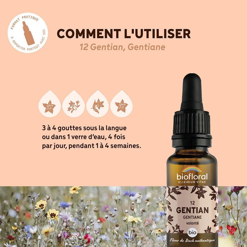 Flacon compte-gouttes Gentiane, avec textes sur l'utilisation et fond floral.