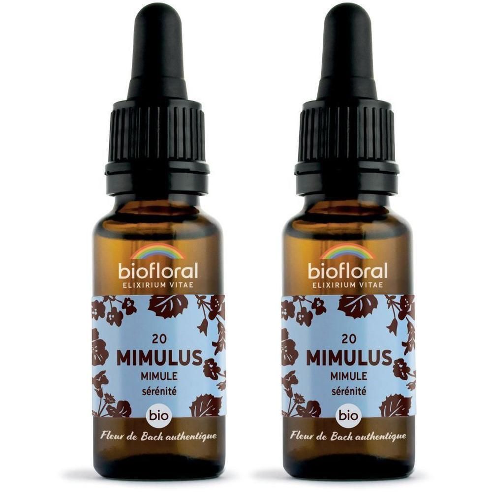 Twee bruine glazen flesjes met druppelaar, etiket "biofloral MIMULUS 20".