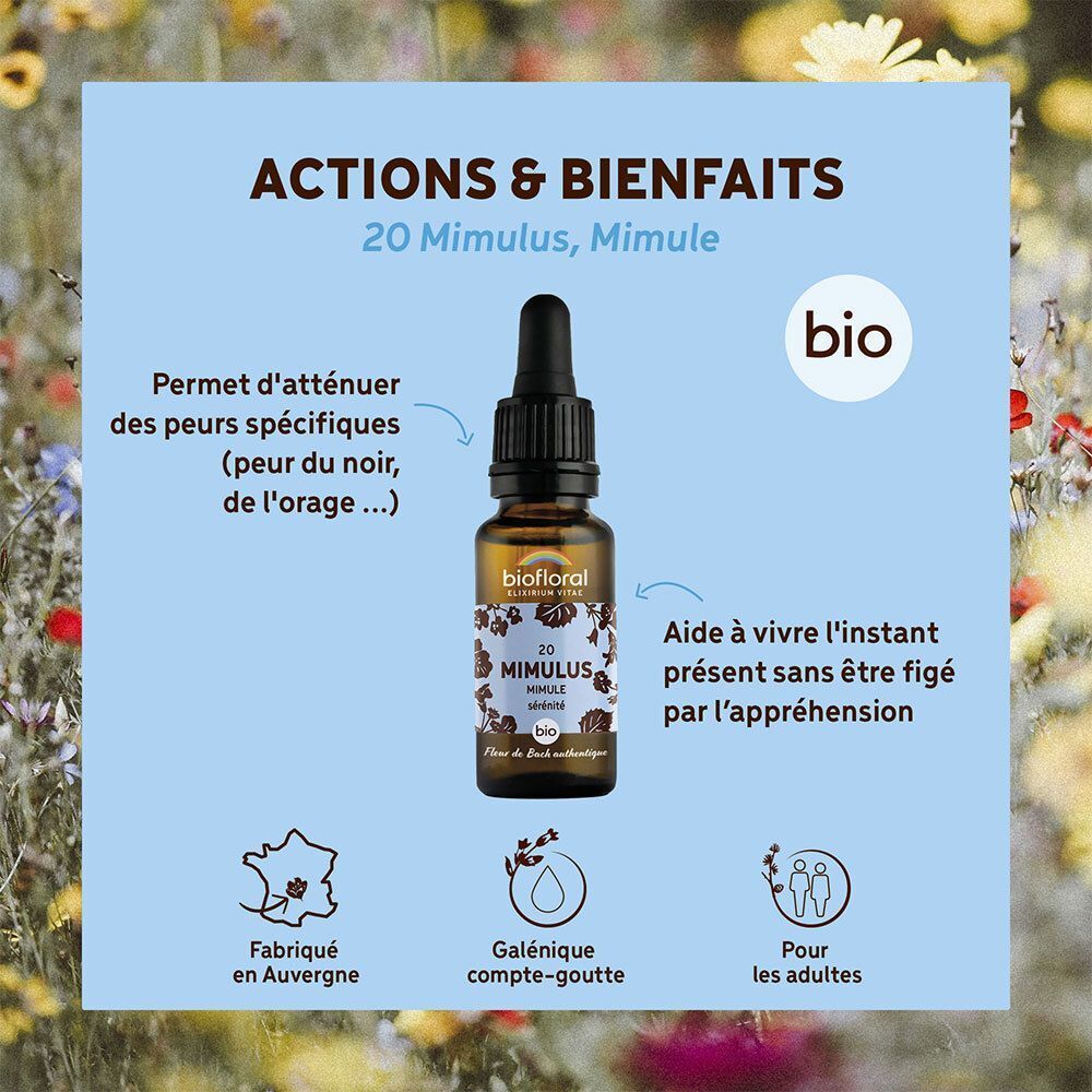 Flacon Mimulus 20, sceau "bio", "Fabriqué en Auvergne", "Galénique compte-goutte".