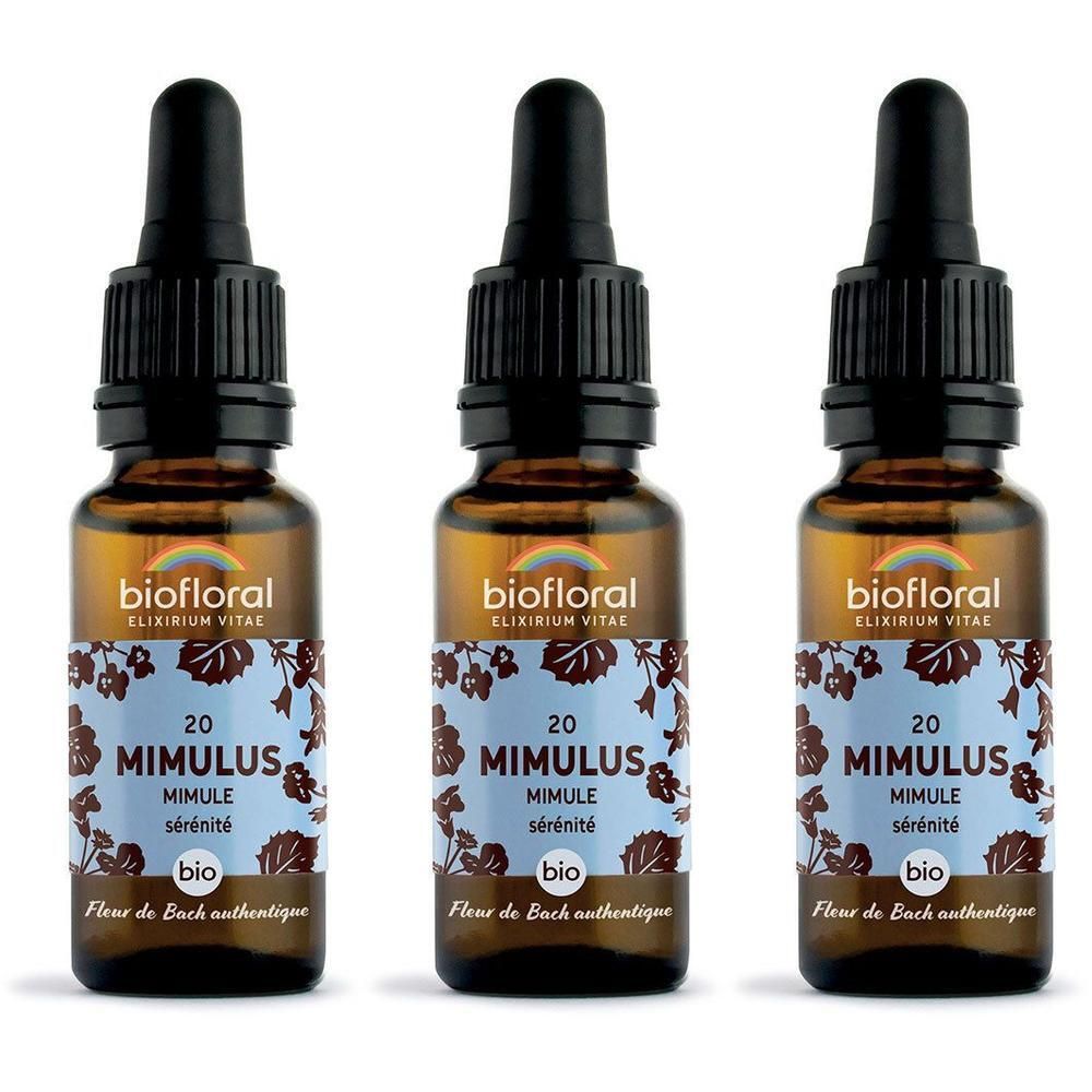 Trois flacons en verre brun avec compte-gouttes, étiquette 'BIOFLORAL 20 MIMULUS'.