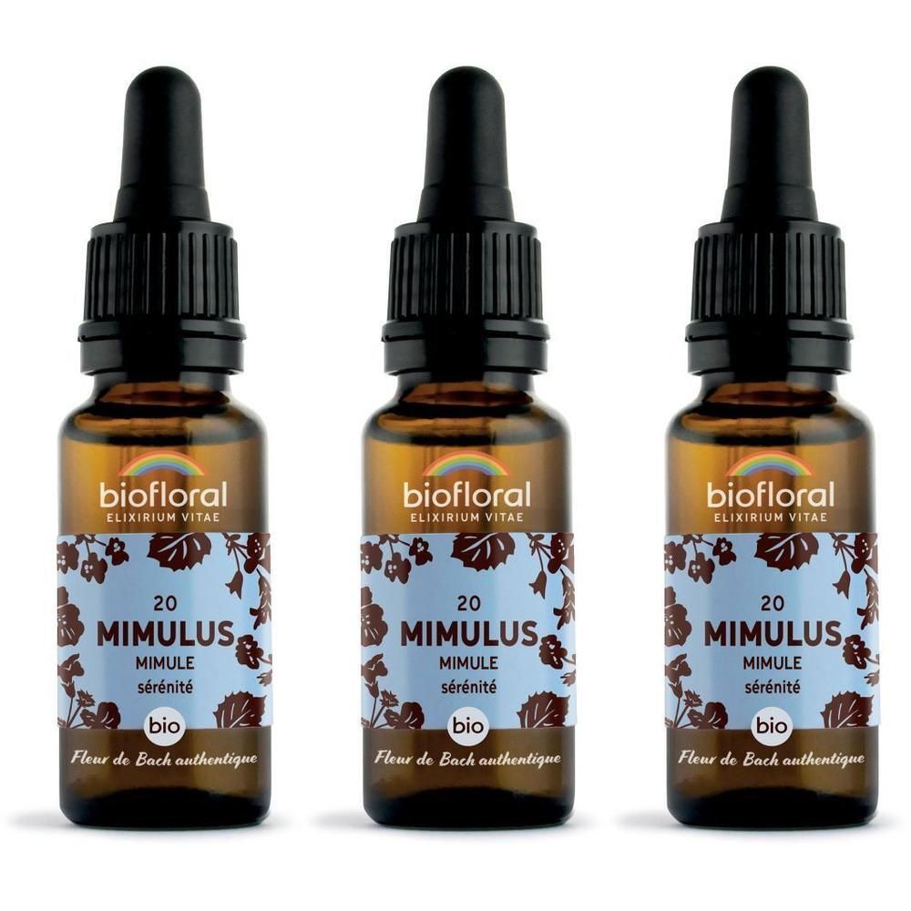 Drie bruine glazen flesjes met druppeldop, etiket 'BIOFLORAL 20 MIMULUS'.