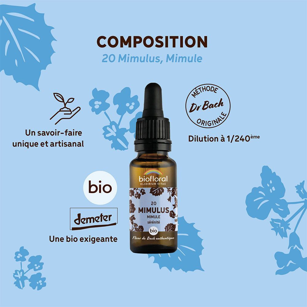 Flacon BIOFLORAL 20 Mimulus, entouré d'icônes et de texte sur la composition et labels bio.