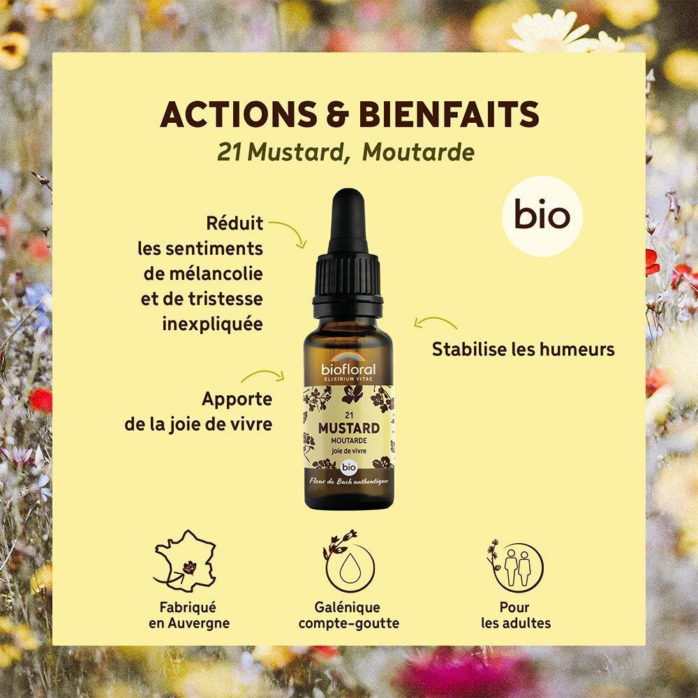 Flacon BIOFLORAL 21 Mustard, sceau "bio", symbole "Fabriqué en Auvergne".