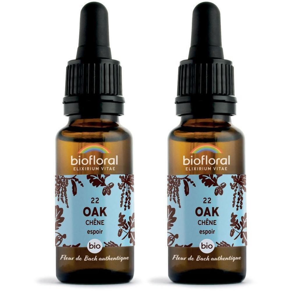 Twee flesjes BIOFLORAL 22 Oak met druppeldop en etiket.