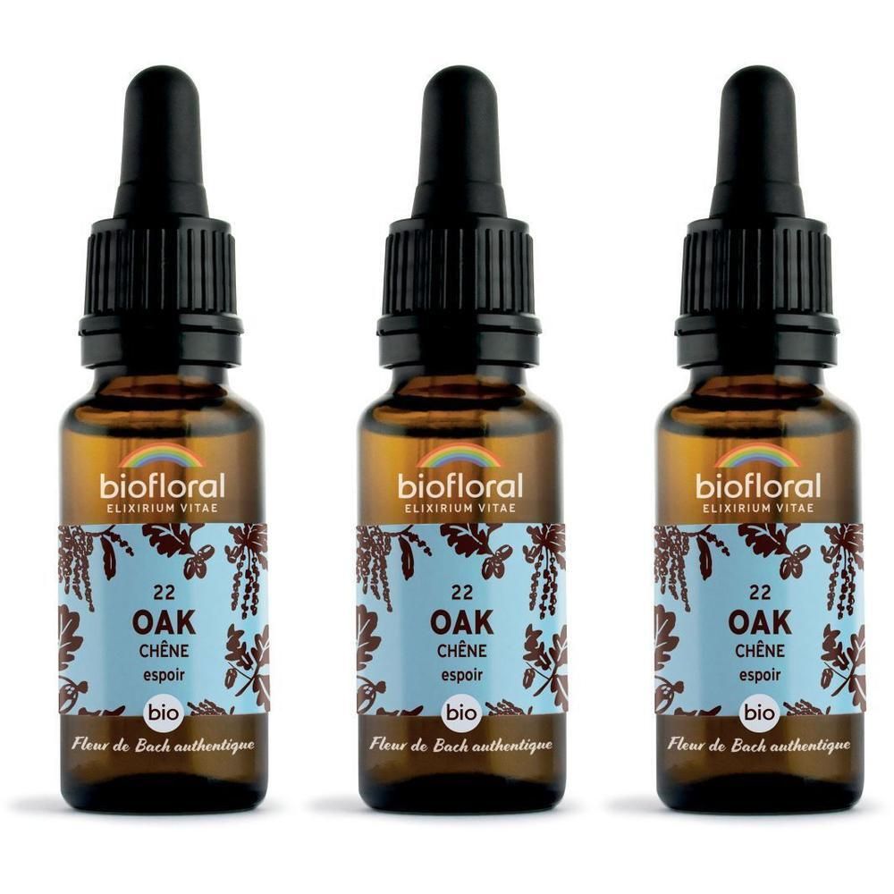 Drie bruine glazen flesjes met druppeldop, etiket met eikenmotief en opschrift "BIOFLORAL 22 OAK".