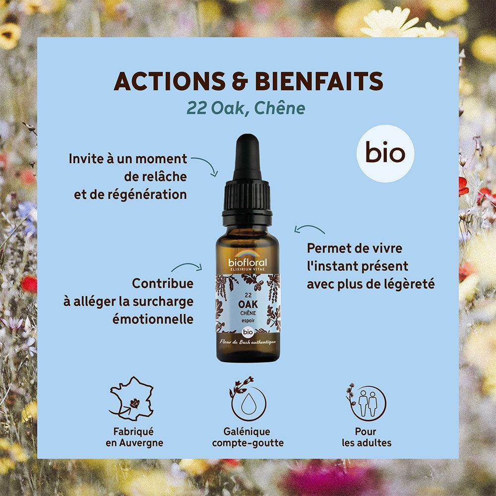 Flacon BIOFLORAL 22 Oak avec pipette, entouré de textes et icônes sur les actions et bienfaits.