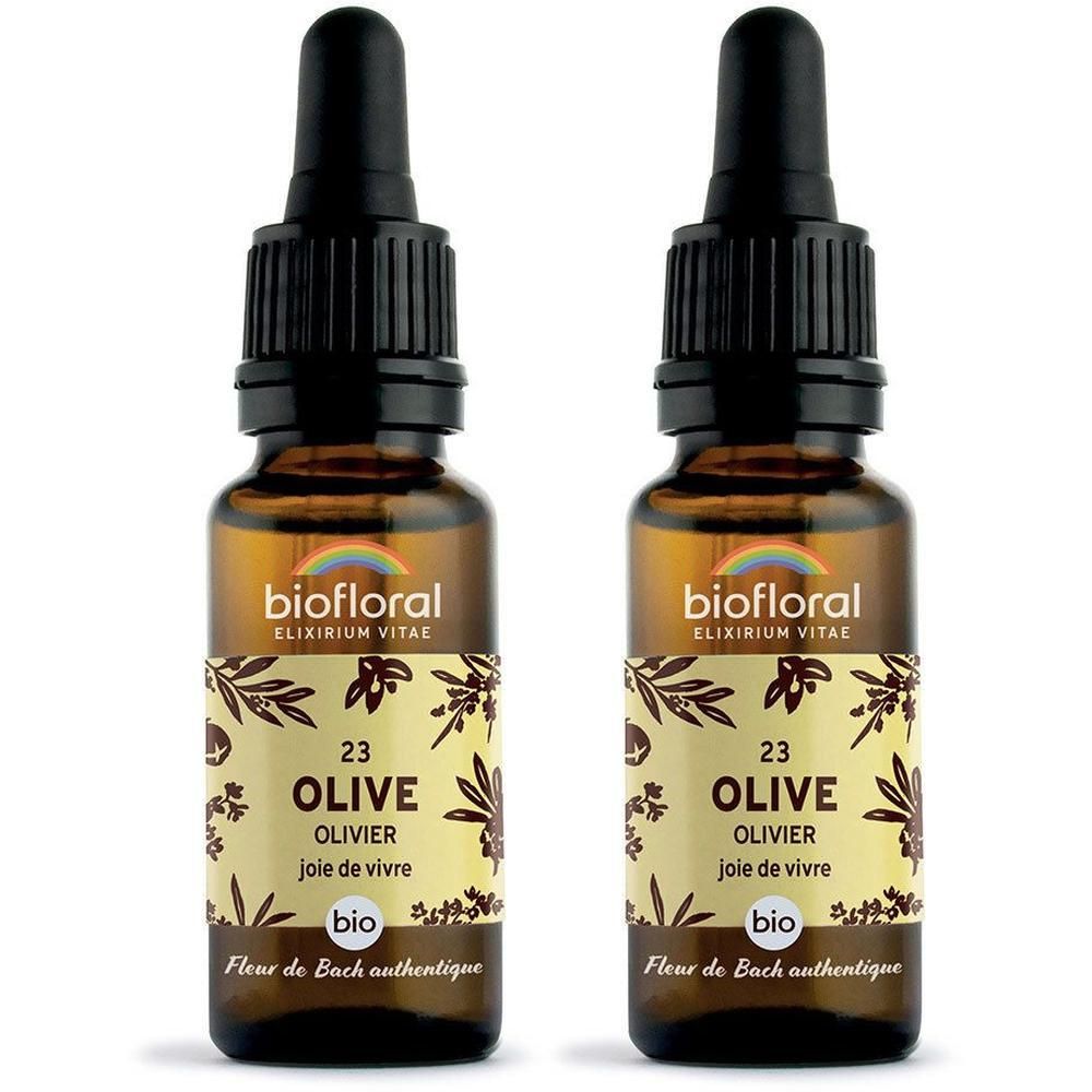 Deux flacons en verre avec compte-gouttes, contenant BIOFLORAL 23 Olive.
